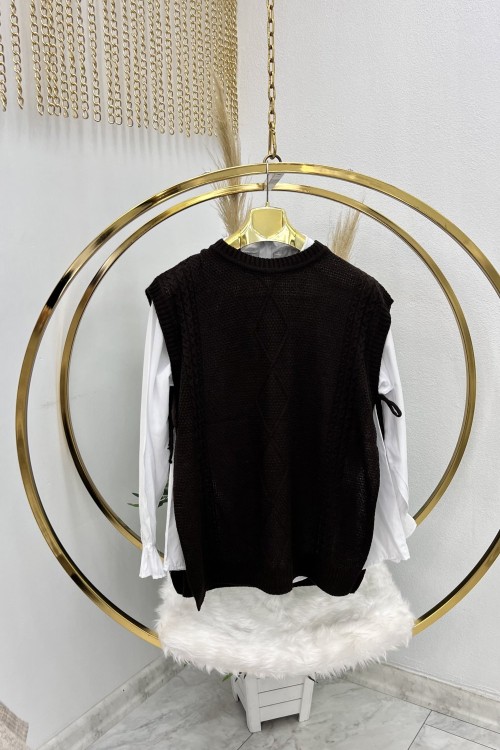 Acı Kahve Triko Panço Süveter Acı Kahve