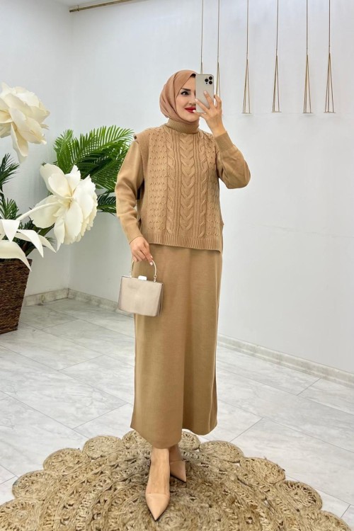 Açık Kahve Damla Triko Elbise Takım Tesettür Giyim  Açık kahve