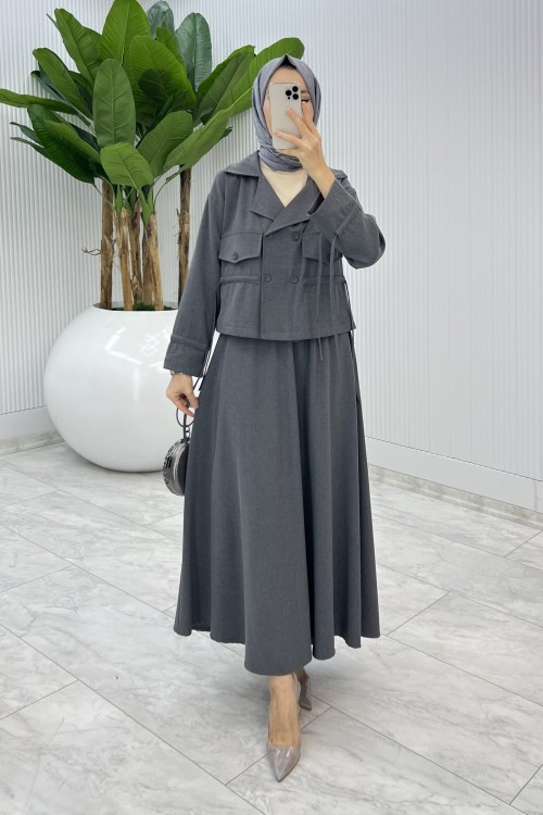 Antrasit Delal Etek Takım Tesettür Giyim Antrasit