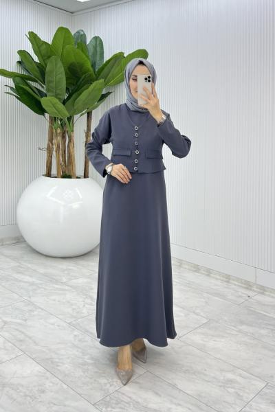 Antrasit Hasibe Elbise Takım Tesettür Giyim  Antrasit