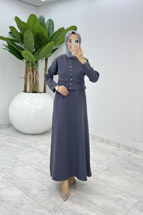 Antrasit Hasibe Elbise Takım Tesettür Giyim  Antrasit