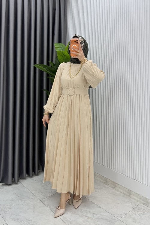 Bej Hifa Piliseli Elbise Tesettür Giyim  Bej