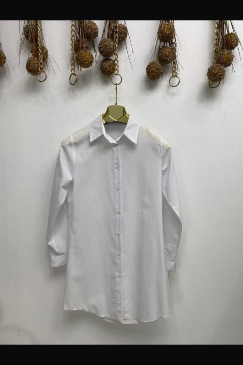 Beyaz Boyfrend Gömlek Tesettür Giyim  Beyaz