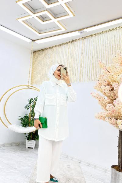 Beyaz Esra Takım Tesettür Bürümcük Kumaş Büyük Beden Seçeneği Beyaz