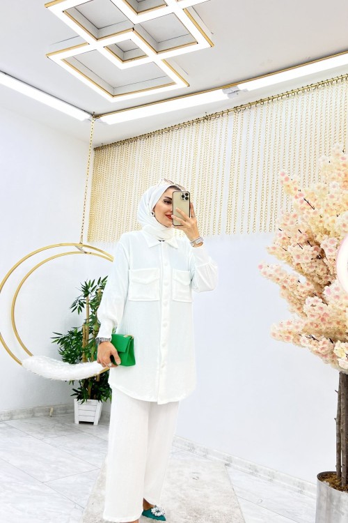 Beyaz Esra Takım Tesettür Bürümcük Kumaş Büyük Beden Seçeneği Beyaz