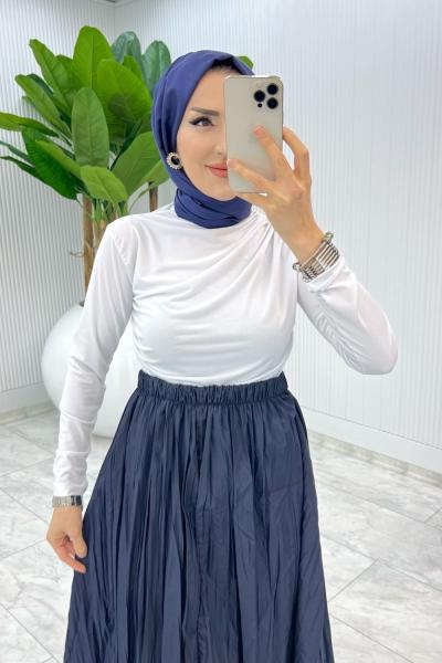 Beyaz - Lacivert Tek Sadece Bluz Tesettür Giyim Turkuaz Beyaz