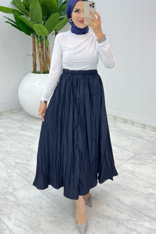 Beyaz-Lacivert Tek Sadece Etek Tesettür Giyim Turkuaz Beyaz