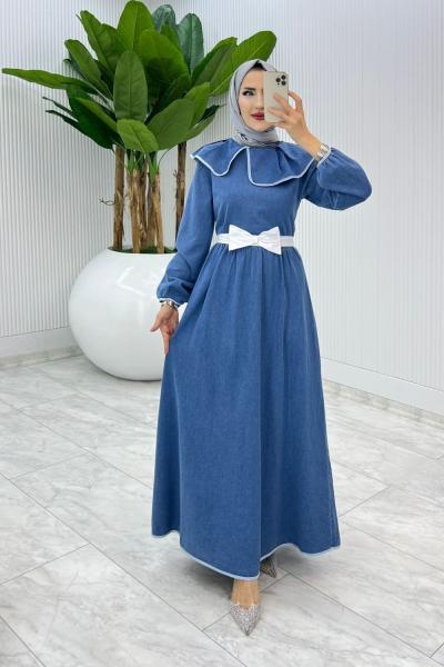 Beyaz Premium Fiyonklu Kot Elbise Tesettür Giyim Beyaz