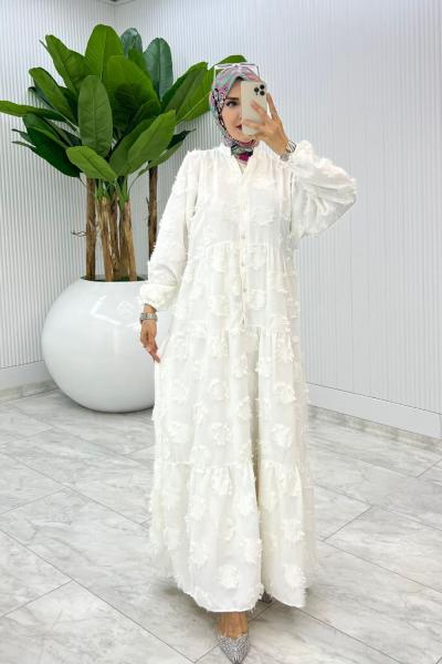 Beyaz Saçaklı Elbise Tesettür Giyim  Beyaz