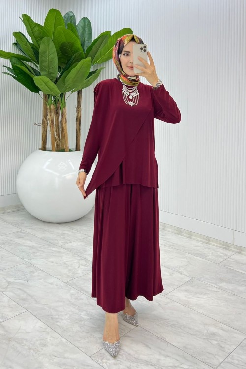 Bordo Asimetrik Takım Tesettür Giyim Bordo