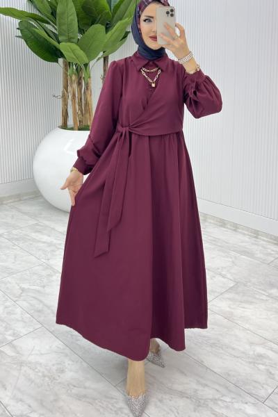 Bordo Bağlamalı Elbise Tesettür Giyim  Bordo