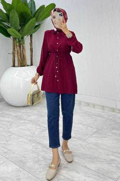 Bordo Bağcıklı Gömlek Tesettür Giyim Bordo