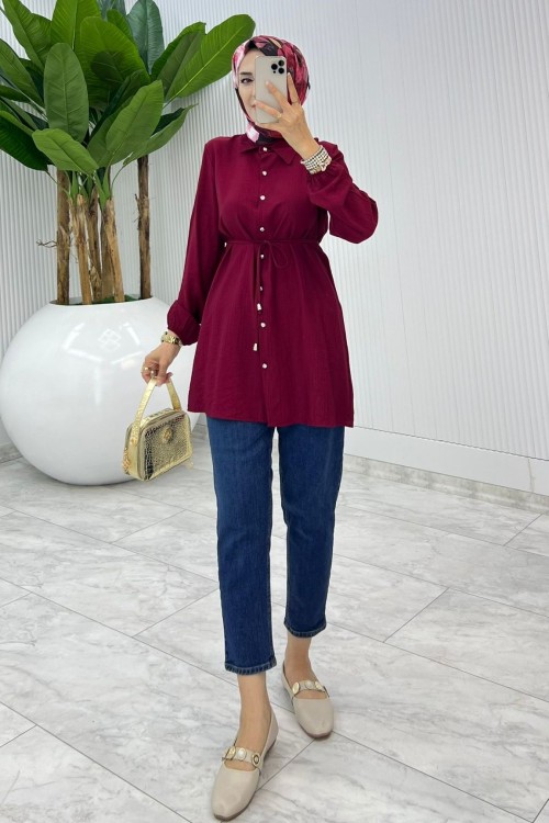 Bordo Bağcıklı Gömlek Tesettür Giyim Bordo