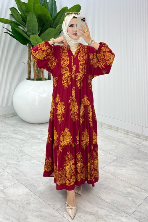 Bordo Bahar Elbise Tesettür Giyim Bordo