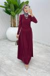 Bordo Büzgü Sendi Elbise Tesettür Giyim Bordo