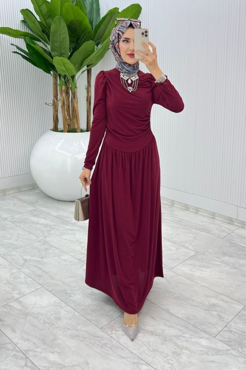Bordo Büzgü Sendi Elbise Tesettür Giyim Bordo