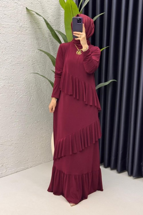 Bordo Duru Elbise Tesettür Giyim  Bordo
