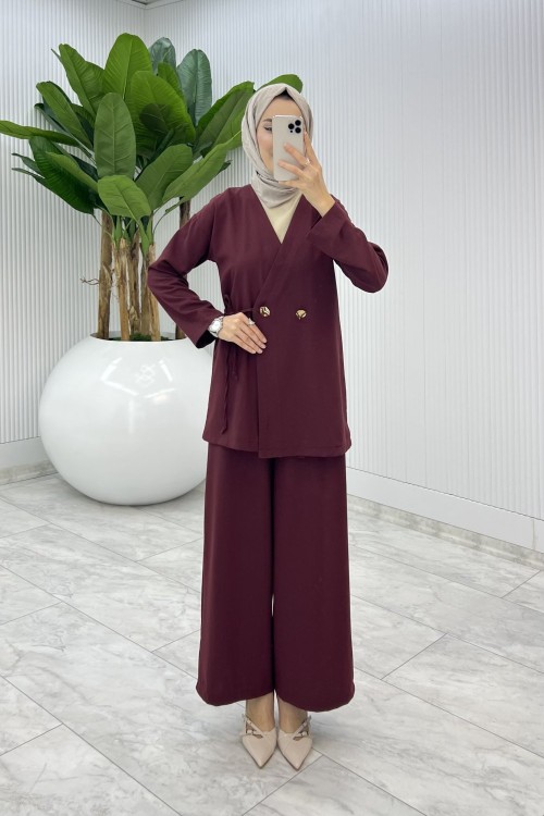 Bordo Güler Pantolonlu Takım Tesettür Giyim  Bordo
