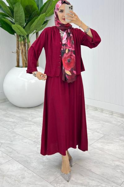 Bordo Halime Elbise Takım Tesettür Giyim Bordo