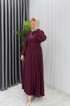 Bordo Hifa Piliseli Elbise Tesettür Giyim  Bordo