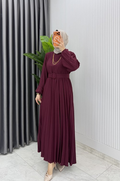 Bordo Hifa Piliseli Elbise Tesettür Giyim  Bordo