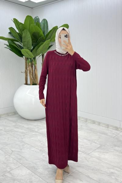 Bordo  İzel Triko Elbise Tesettür Giyim  Bordo