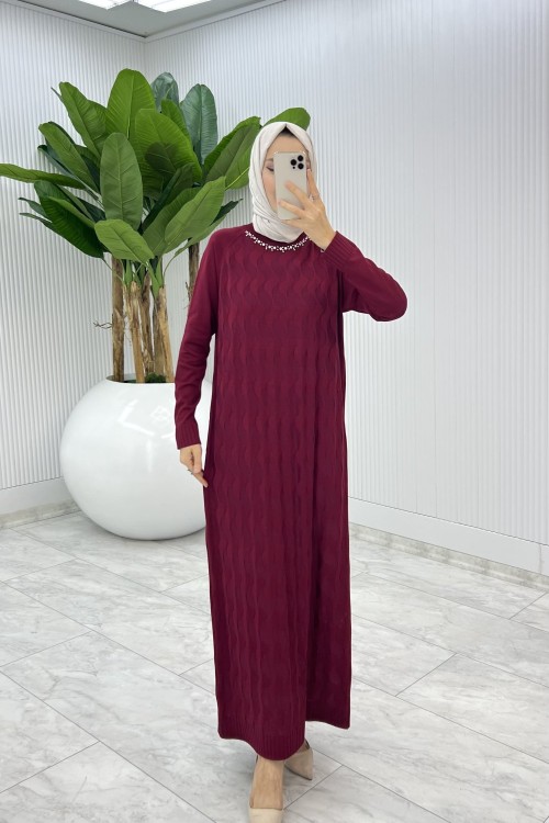 Bordo  İzel Triko Elbise Tesettür Giyim  Bordo