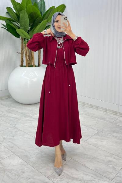 Bordo Jale Elbise Takım Tesettür Giyim Bordo
