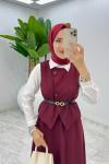 Bordo Kemerli Selvi Takım Tesettür Giyim Bordo