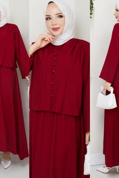 Bordo Modadüğme Elbise Takım Tesettür Giyim Bordo