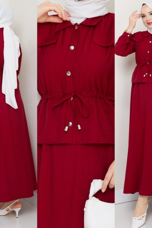 Bordo Moda Etek Takım Tesettür Giyim Bordo