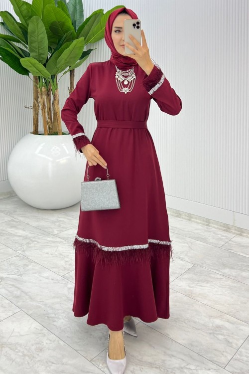 Bordo Mosso Abiye Elbise Tesettür Giyim Bordo