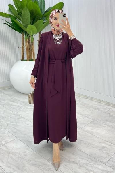 Bordo Premıum Melek Abaya Takım Tesettür Giyim Bordo