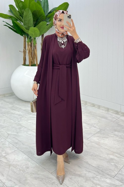 Bordo Premıum Melek Abaya Takım Tesettür Giyim Bordo