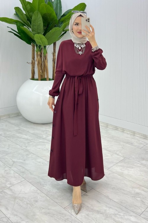 Bordo Premium Düğmeli Elbise Tesettür Giyim Bordo