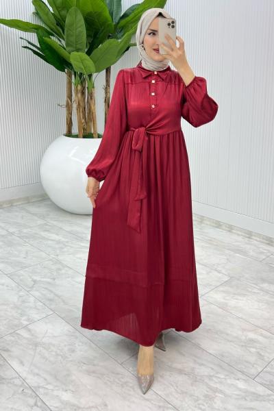 Bordo Premium Lotus Elbise Tesettür Giyim Bordo