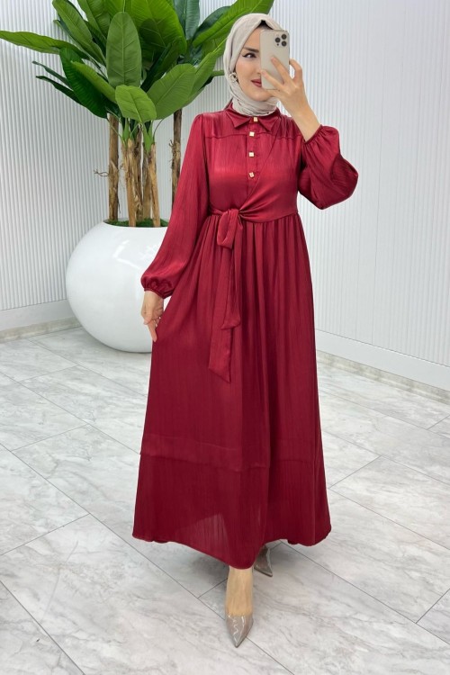 Bordo Premium Lotus Elbise Tesettür Giyim Bordo