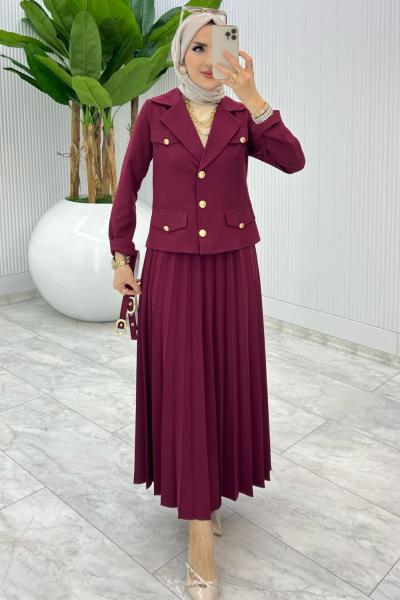 Bordo Premıum Hülya Etek Takım Tesettür Giyim Bordo