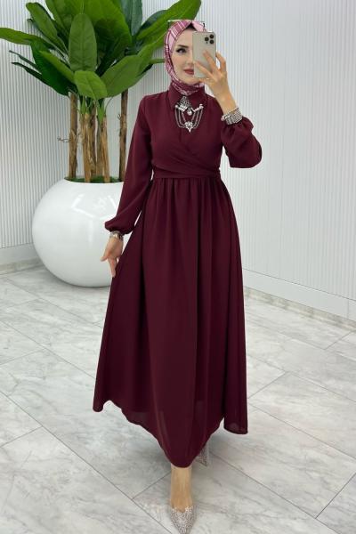 Bordo Premıum Dilara Elbise Tesettür Giyim Bordo
