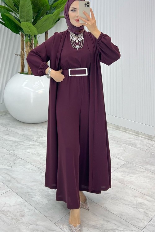 Bordo Premium Silva Tulumlu Abaya Takım Tesettür Giyim Bordo