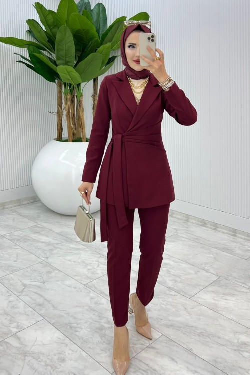 Bordo Premium Astarlı Klas Takım Tesettür Giyim Bordo