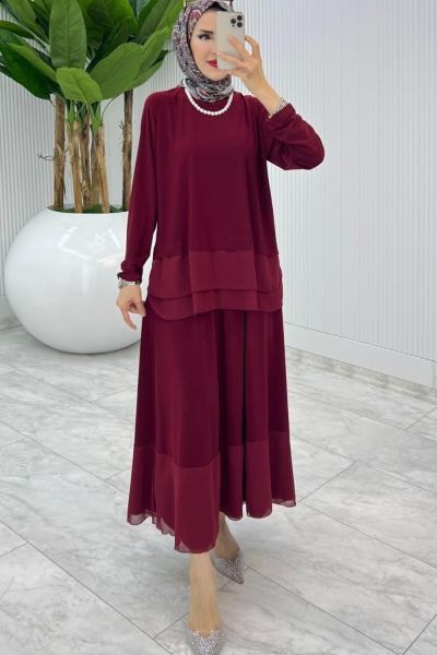Bordo Premium Aksu Etek Takım Tesettür Giyim Bordo