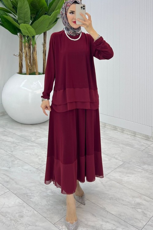 Bordo Premium Aksu Etek Takım Tesettür Giyim Bordo