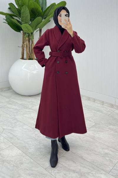 Bordo Premium Kaşe Kaban Tesettür Giyim  Bordo