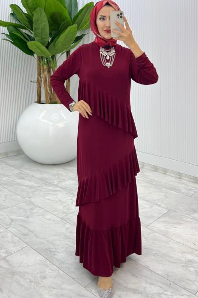 Bordo Premium Tijen Elbise Tesettür Giyim Bordo