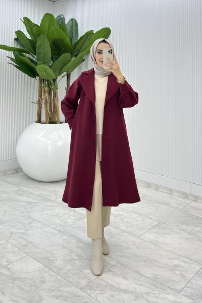 Bordo Premıum Defne Kaşe Kaban Tesettür Giyim  Bordo