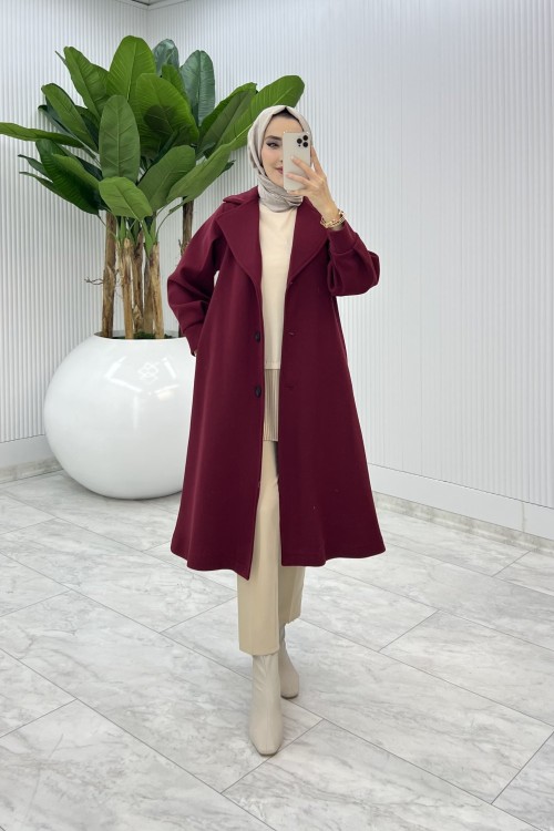 Bordo Premıum Defne Kaşe Kaban Tesettür Giyim  Bordo