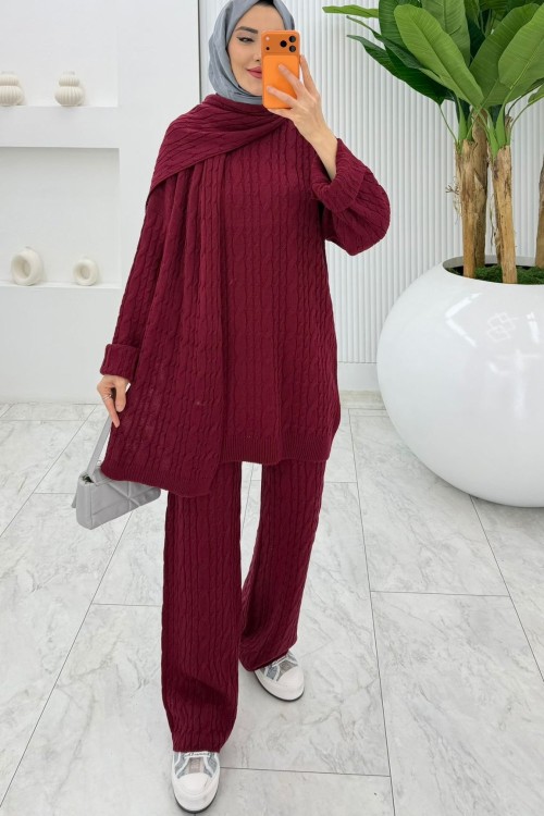 Bordo Premıum Atkılı Triko Takım Tesettür Giyim  Bordo