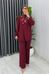 Bordo Premium Kemerli Gözde Takım Tesettür Giyim  Bordo
