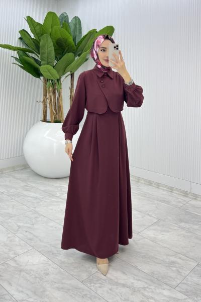 Bordo Sevgi Yelekli Elbise Takım Tesettür Giyim  Bordo